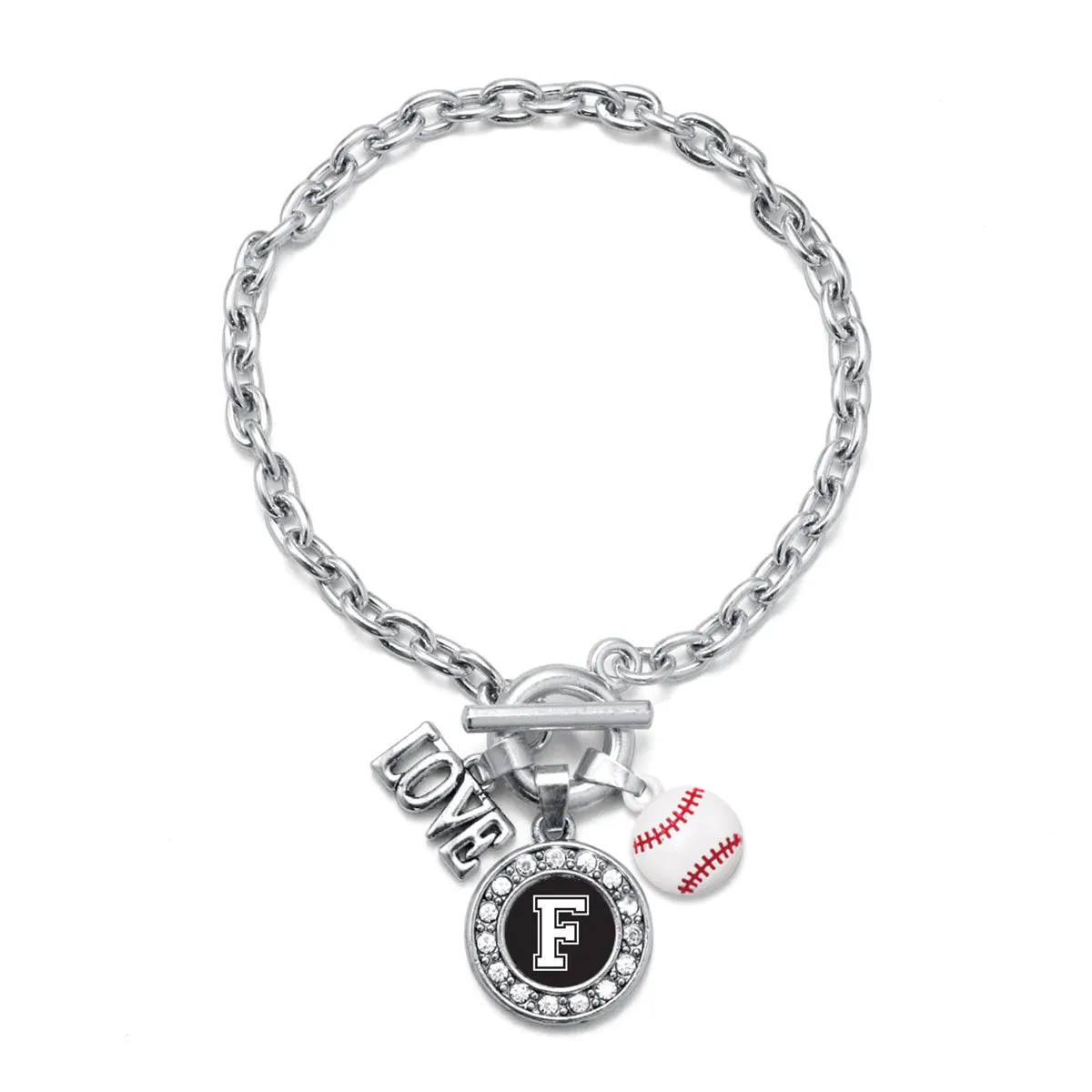 Silver Baseball - Sports Initial F Circle Charm Toggle Bracelet