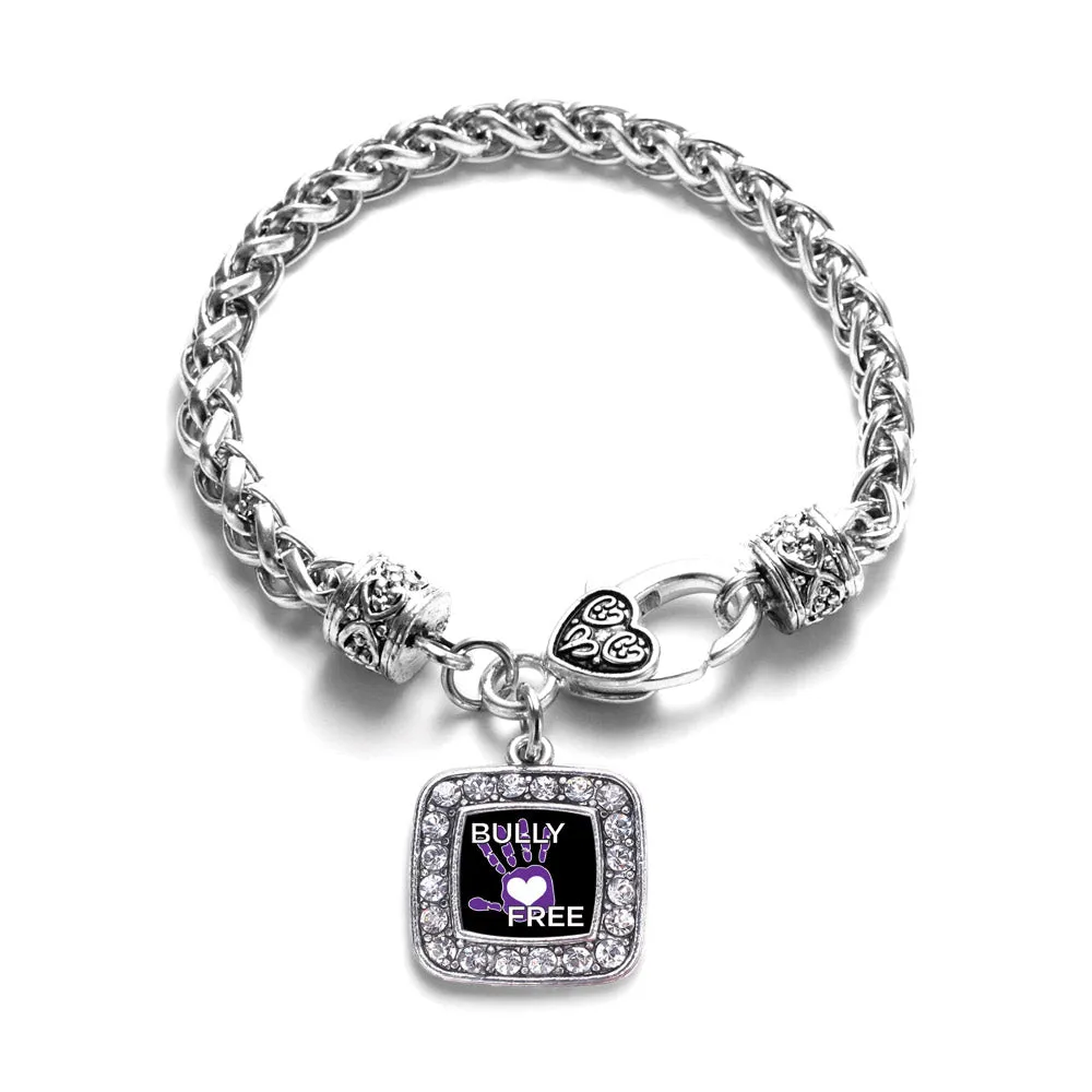 Silver Bullying Support and Awareness Square Charm Braided Bracelet