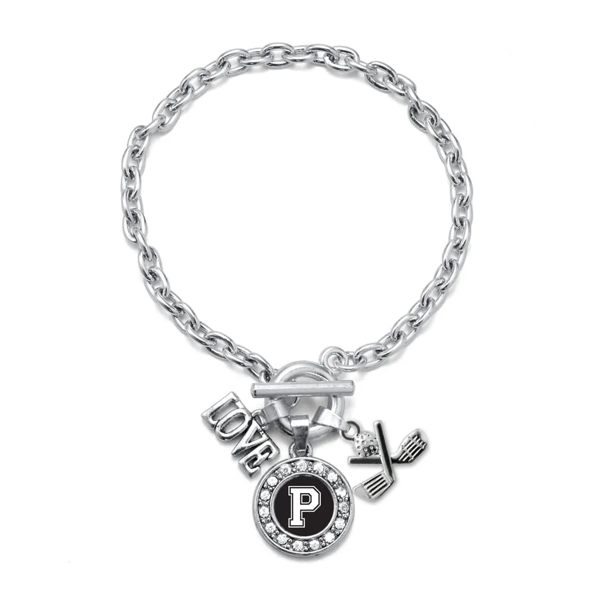 Silver Cheerleader - Sports Initial P Circle Charm Toggle Bracelet
