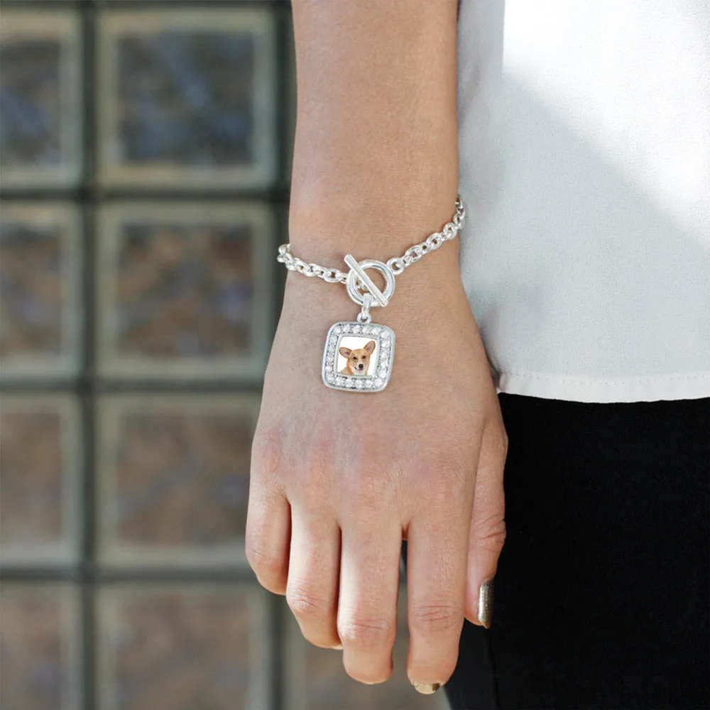 Silver Corgi Face Square Charm Toggle Bracelet