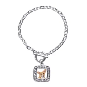 Silver Corgi Face Square Charm Toggle Bracelet