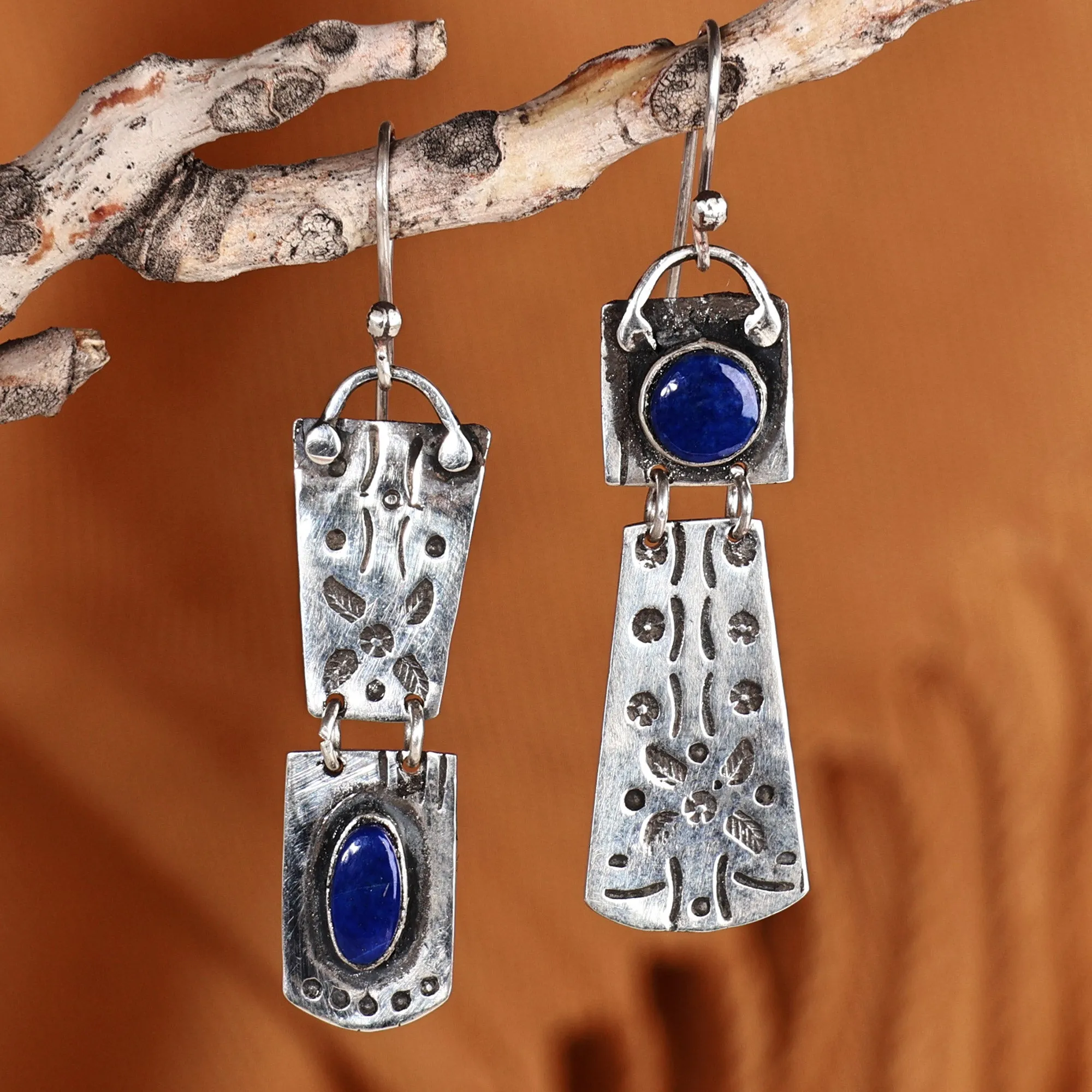 Silver Dangle Earrings with Oval & Round Lapis Lazuli Stones - Enchanting Splendor | NOVICA