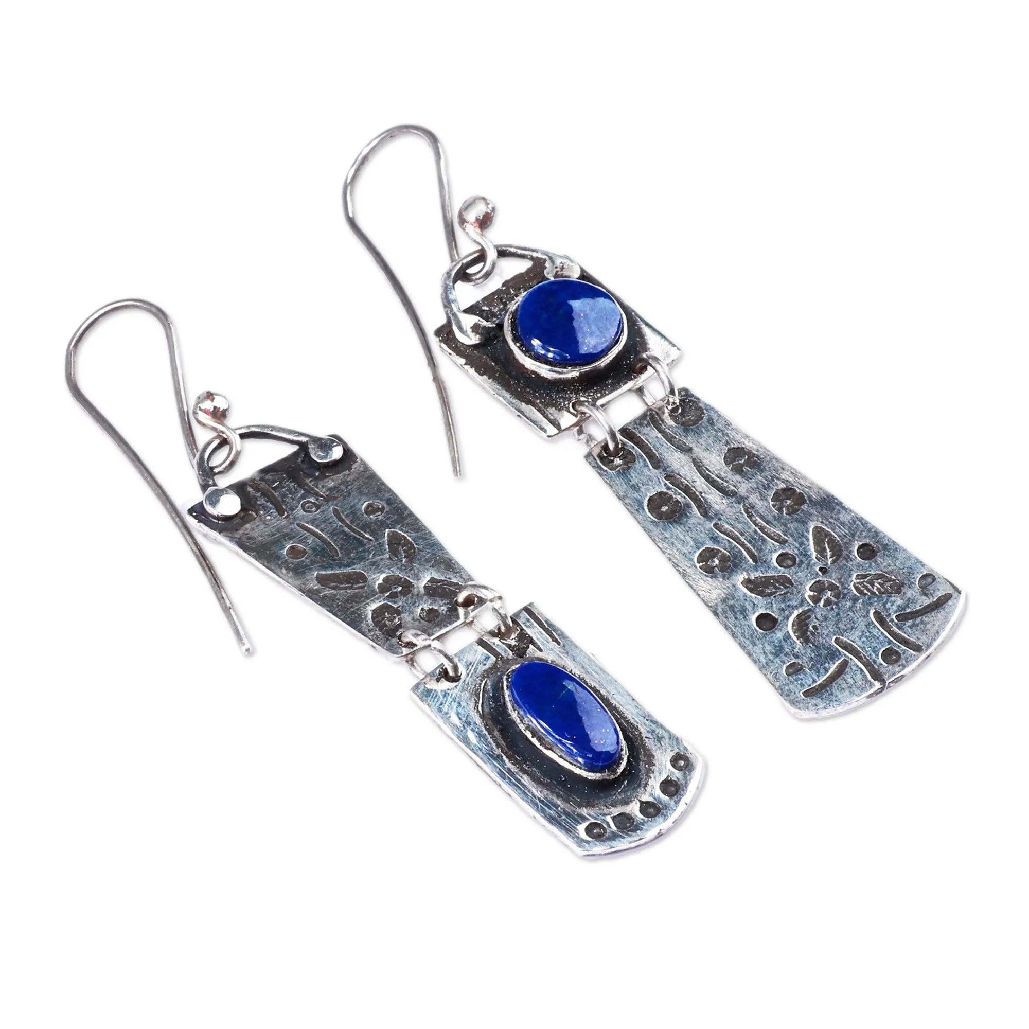 Silver Dangle Earrings with Oval & Round Lapis Lazuli Stones - Enchanting Splendor | NOVICA