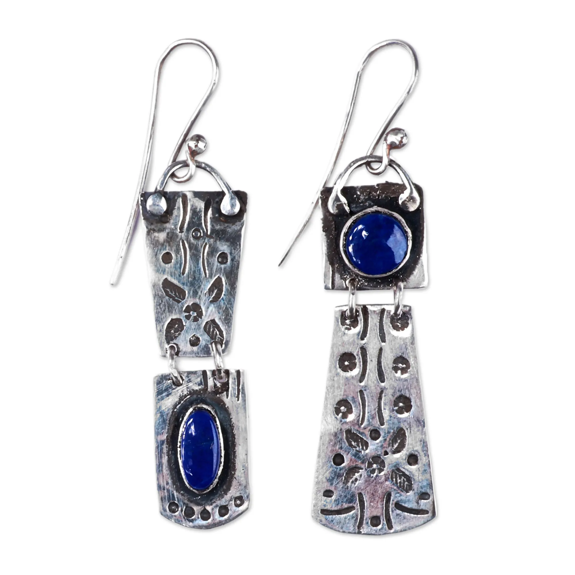 Silver Dangle Earrings with Oval & Round Lapis Lazuli Stones - Enchanting Splendor | NOVICA