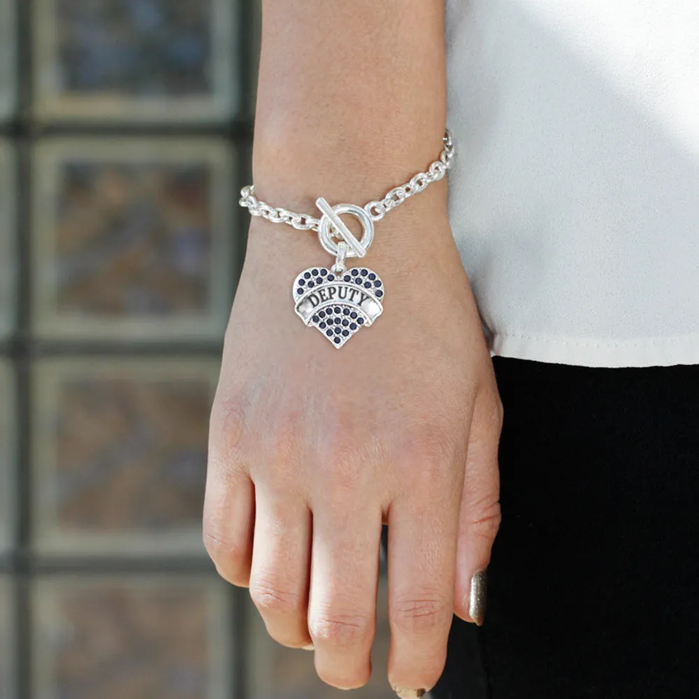 Silver Deputy Blue Pave Heart Charm Toggle Bracelet