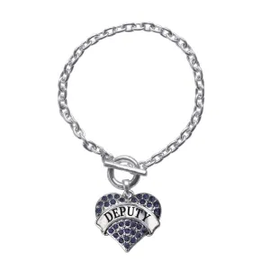 Silver Deputy Blue Pave Heart Charm Toggle Bracelet