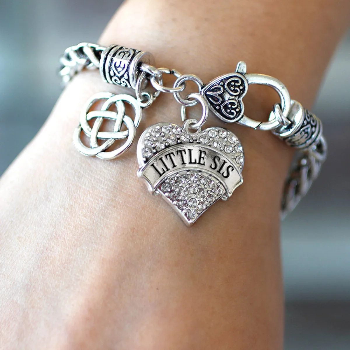 Silver Little Sis Celtic Knot Pave Heart Charm Braided Bracelet
