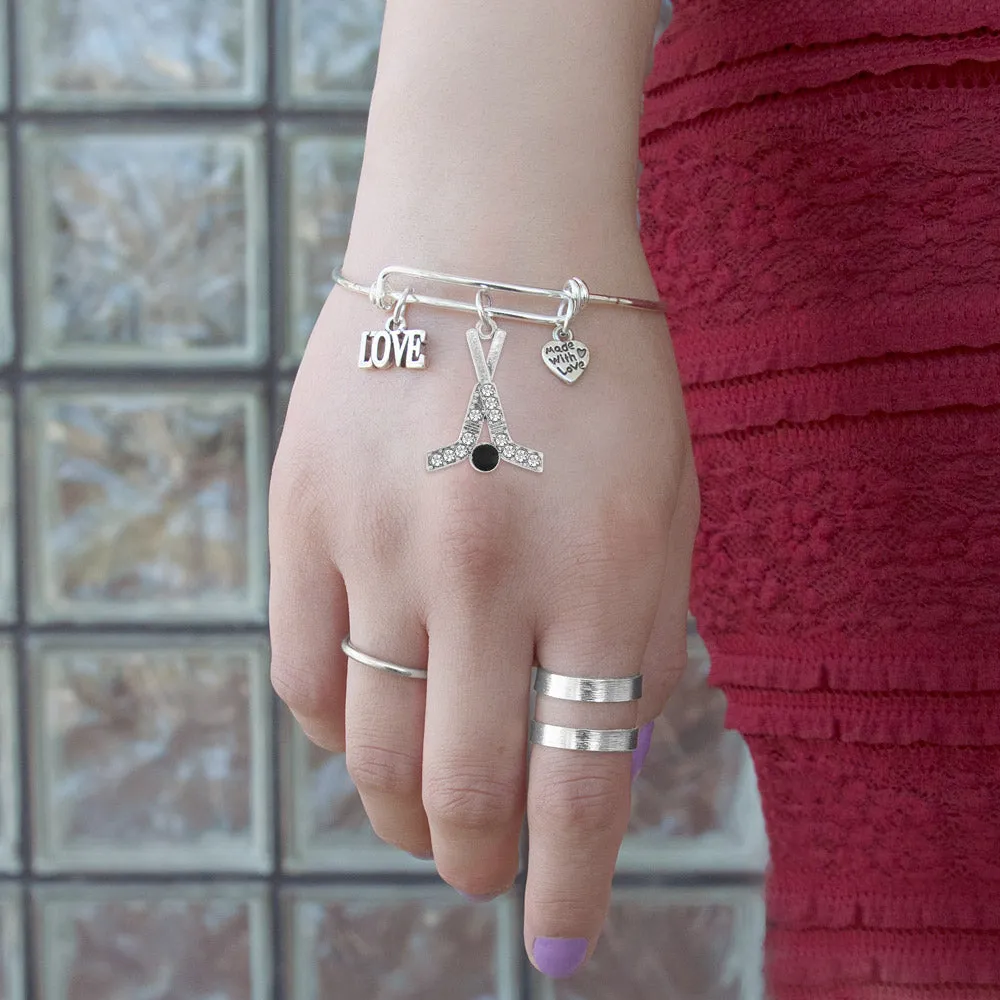 Silver Love Pave Hockey Charm Wire Bangle Bracelet