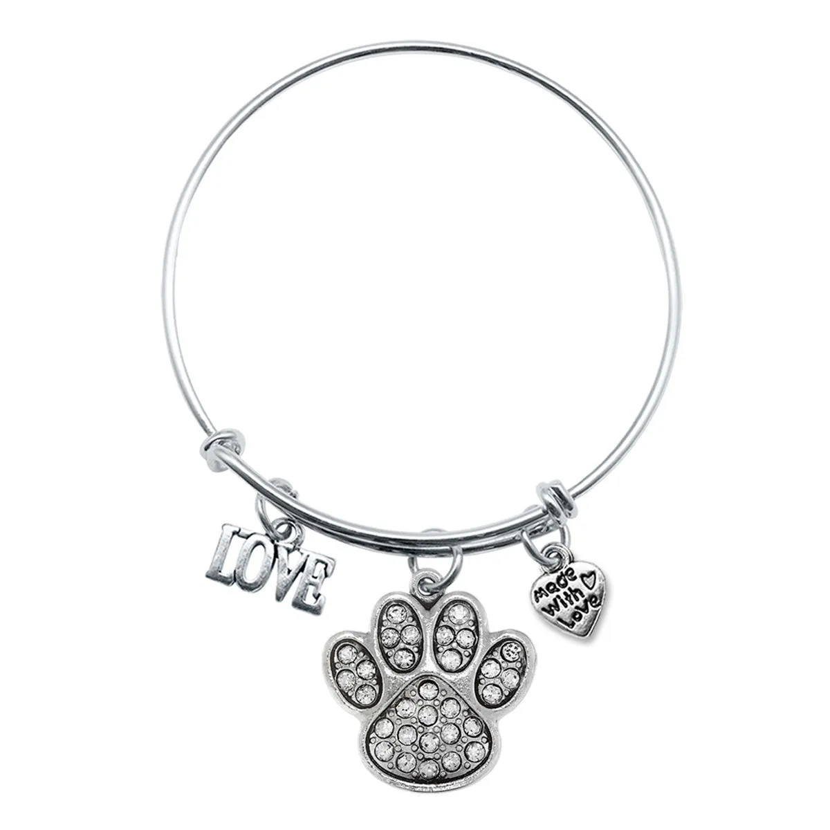 Silver Love Pave Paw Print Charm Wire Bangle Bracelet
