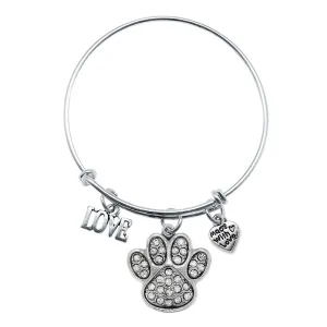 Silver Love Pave Paw Print Charm Wire Bangle Bracelet