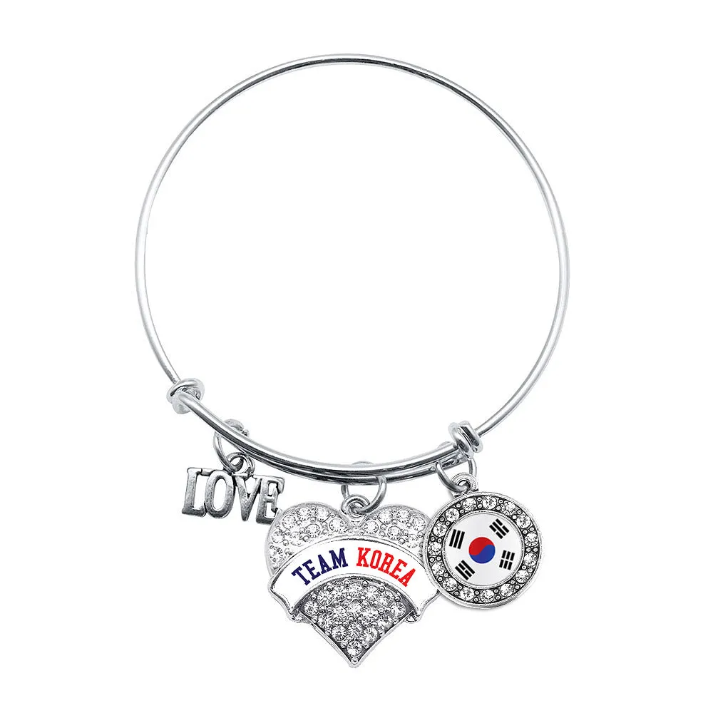 Silver Love Team Korea Pave Heart Charm Wire Bangle Bracelet