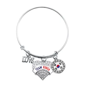 Silver Love Team Korea Pave Heart Charm Wire Bangle Bracelet