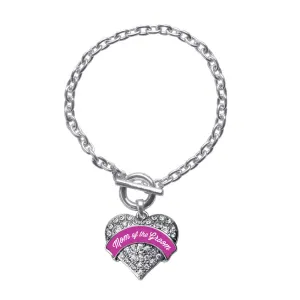 Silver Magenta Mom of Groom Pave Heart Charm Toggle Bracelet