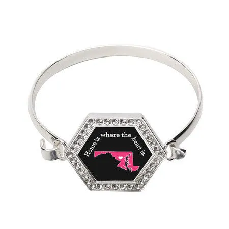 Silver Maryland State Heart Hexagon Charm Bangle Bracelet
