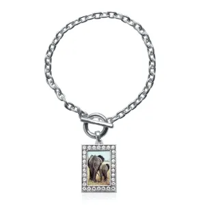 Silver Momma Elephant and Baby Elephant Rectangle Charm Toggle Bracelet