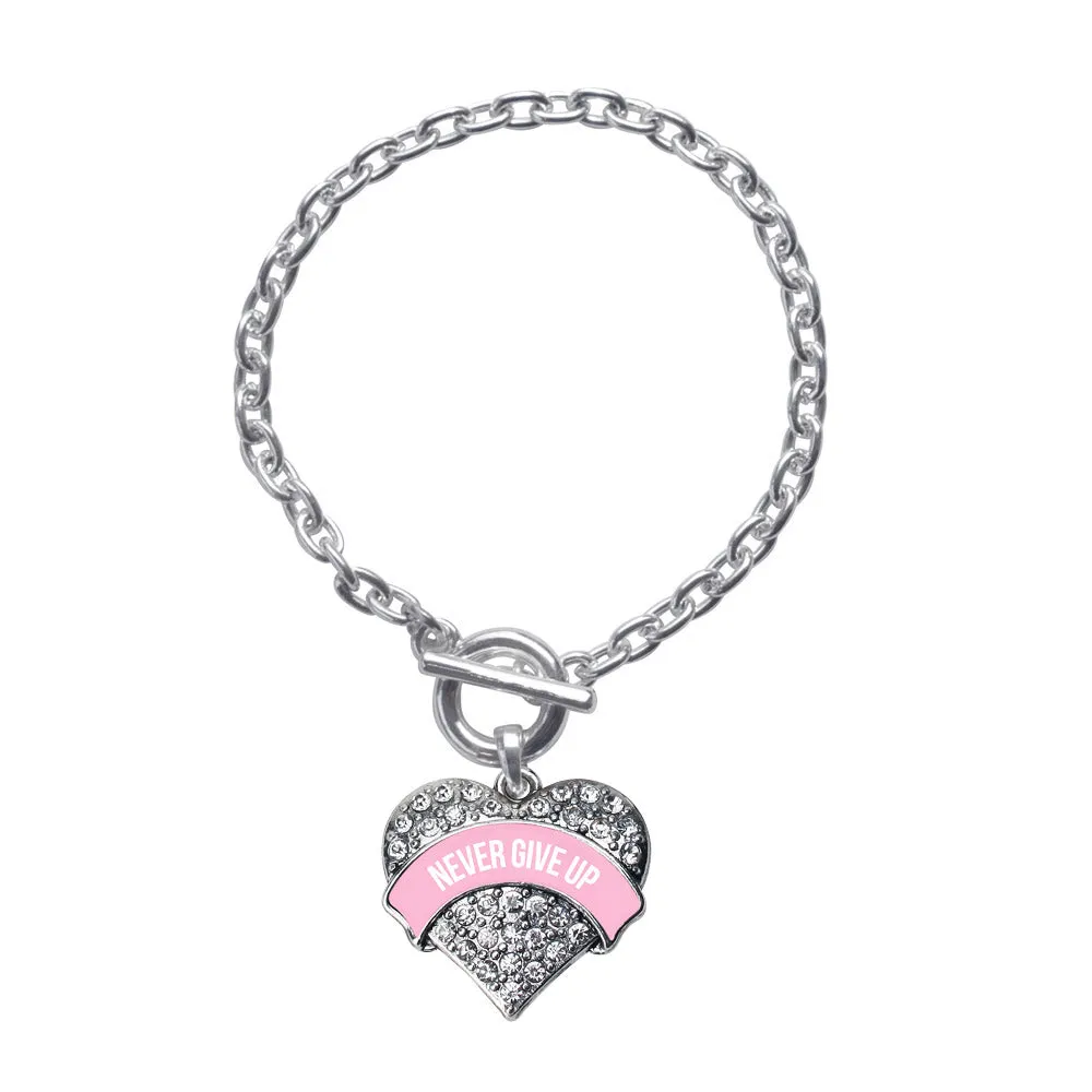 Silver Never Give Up Pink Breast Cancer Support Pave Heart Charm Toggle Bracelet