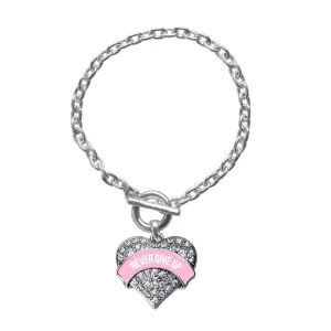 Silver Never Give Up Pink Breast Cancer Support Pave Heart Charm Toggle Bracelet