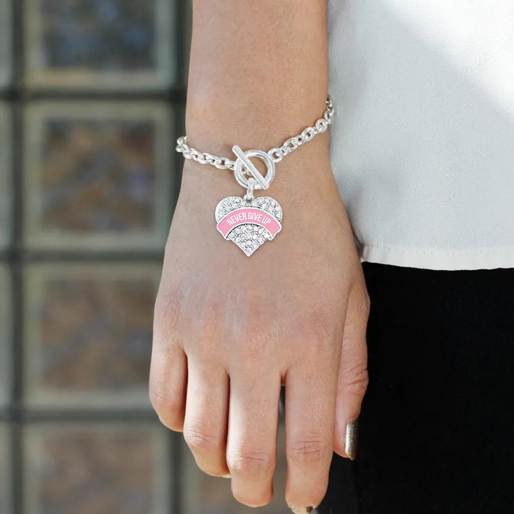 Silver Never Give Up Pink Breast Cancer Support Pave Heart Charm Toggle Bracelet