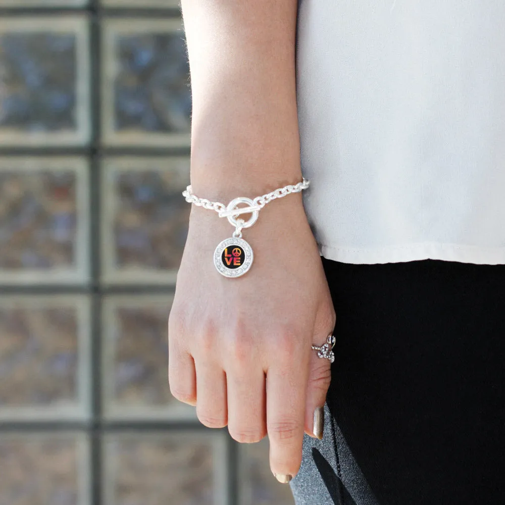 Silver Peace And Love Circle Charm Toggle Bracelet