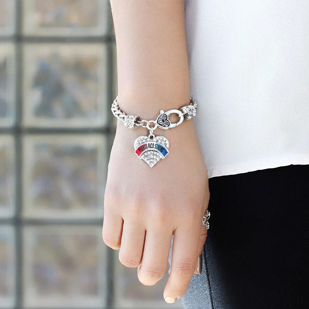 Silver Puerto Rico Strong Pave Heart Charm Braided Bracelet