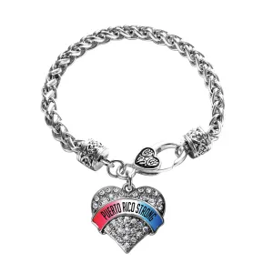 Silver Puerto Rico Strong Pave Heart Charm Braided Bracelet