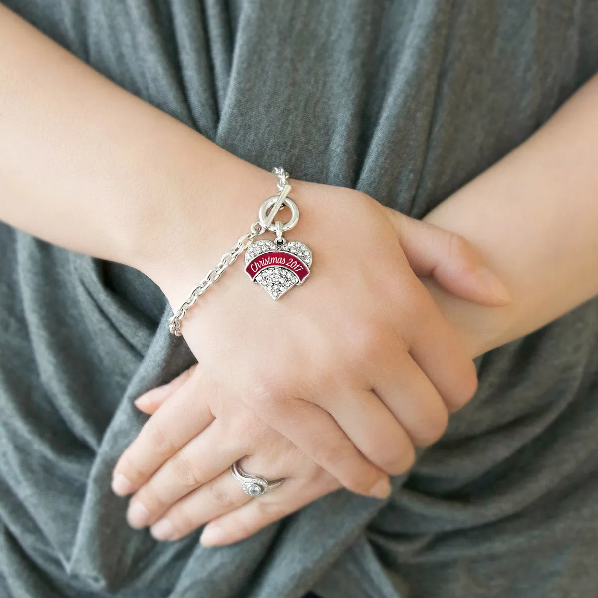 Silver Red Christmas 2017 Pave Heart Charm Toggle Bracelet