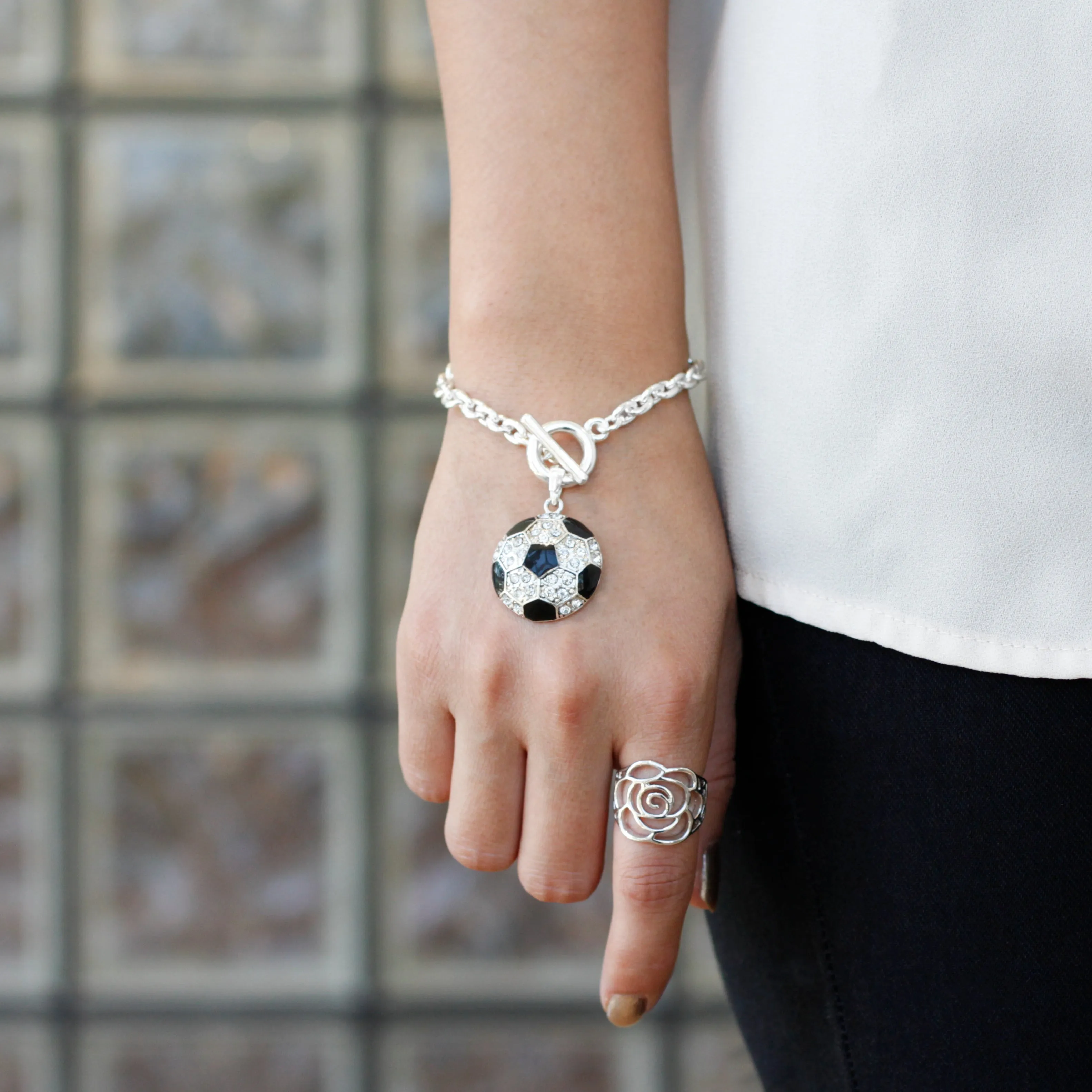 Silver Soccer Ball Charm Toggle Bracelet