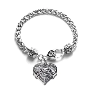 Silver Staten Island Pave Heart Charm Braided Bracelet