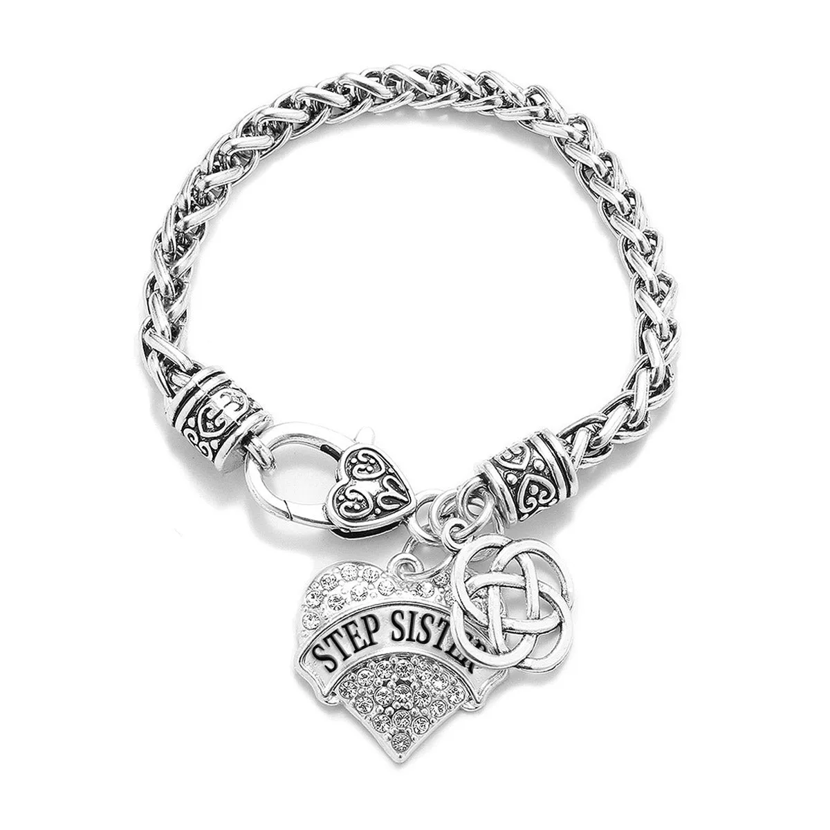 Silver Step Sister Celtic Knot Pave Heart Charm Braided Bracelet