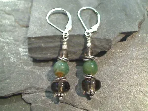 Smokey Quartz, Indian Green Agate, Sterling Silver Earrings