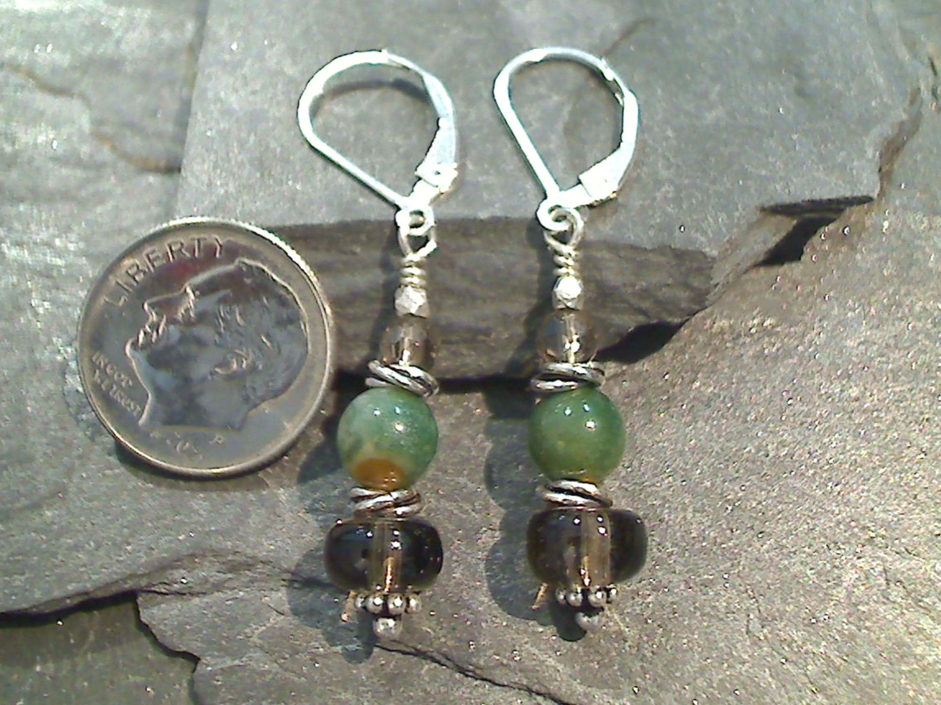 Smokey Quartz, Indian Green Agate, Sterling Silver Earrings