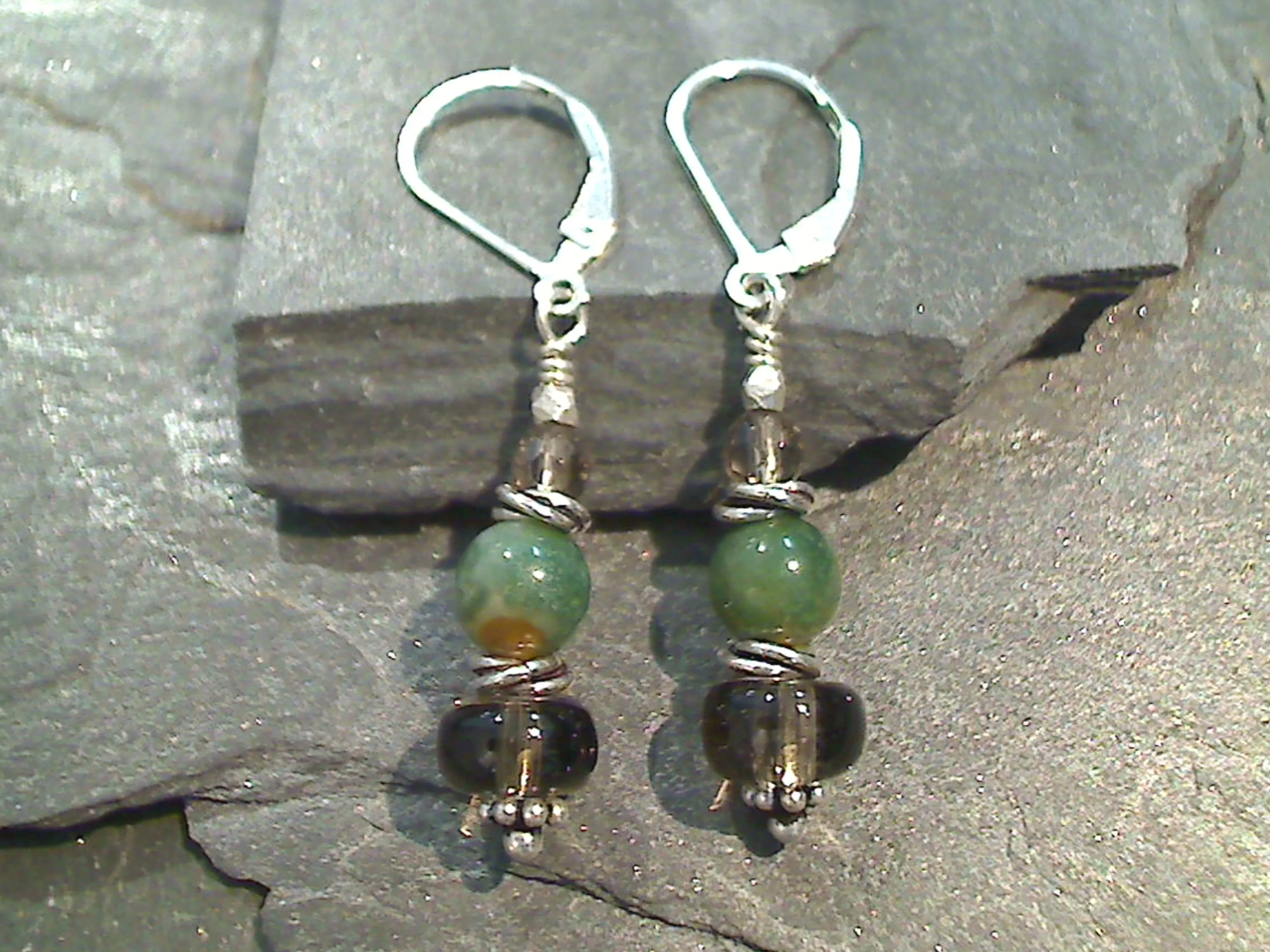 Smokey Quartz, Indian Green Agate, Sterling Silver Earrings