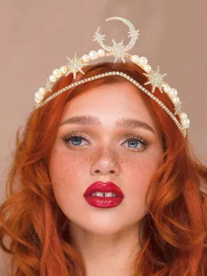 Star Moon Crown Headband Gold Halo Crown Goddess Tiara Headpiece Pearl Boho Wedding Headpiece