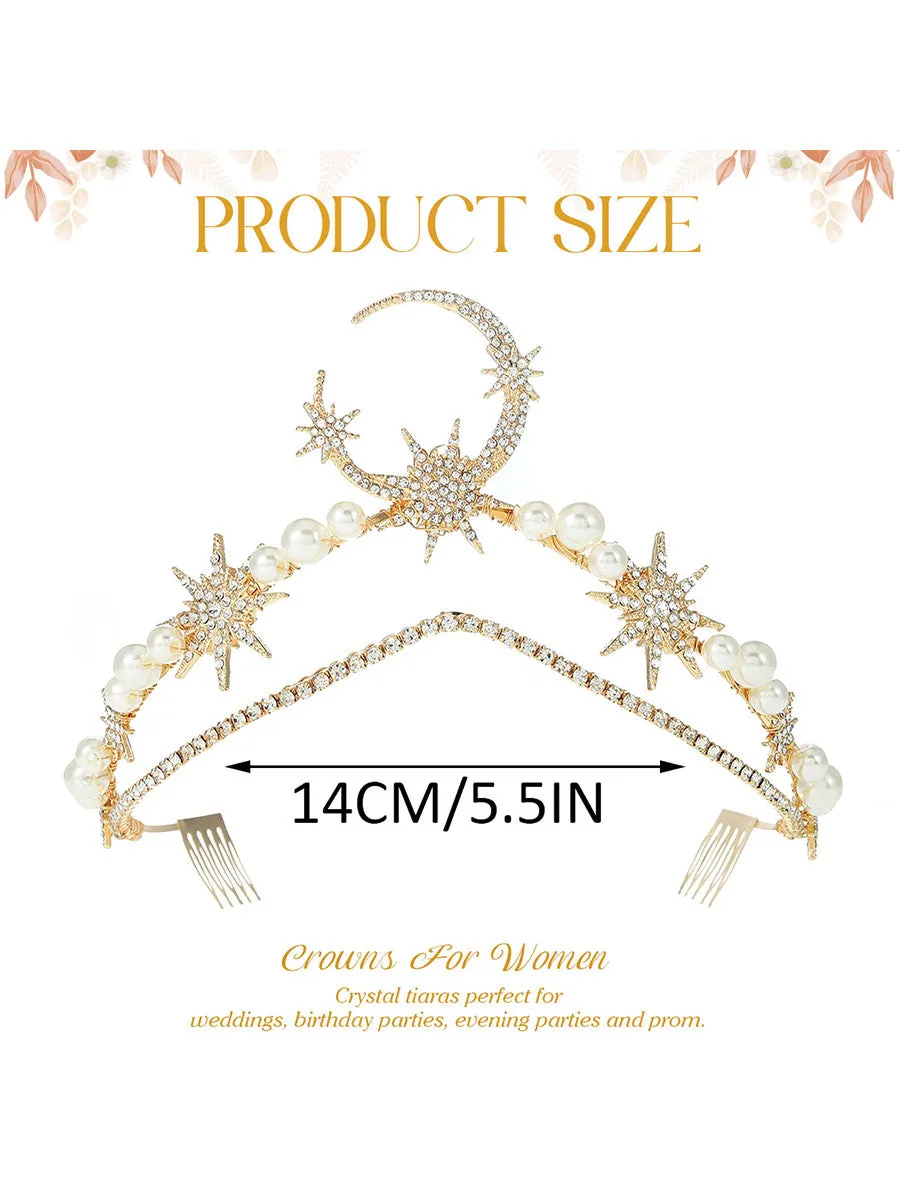 Star Moon Crown Headband Gold Halo Crown Goddess Tiara Headpiece Pearl Boho Wedding Headpiece