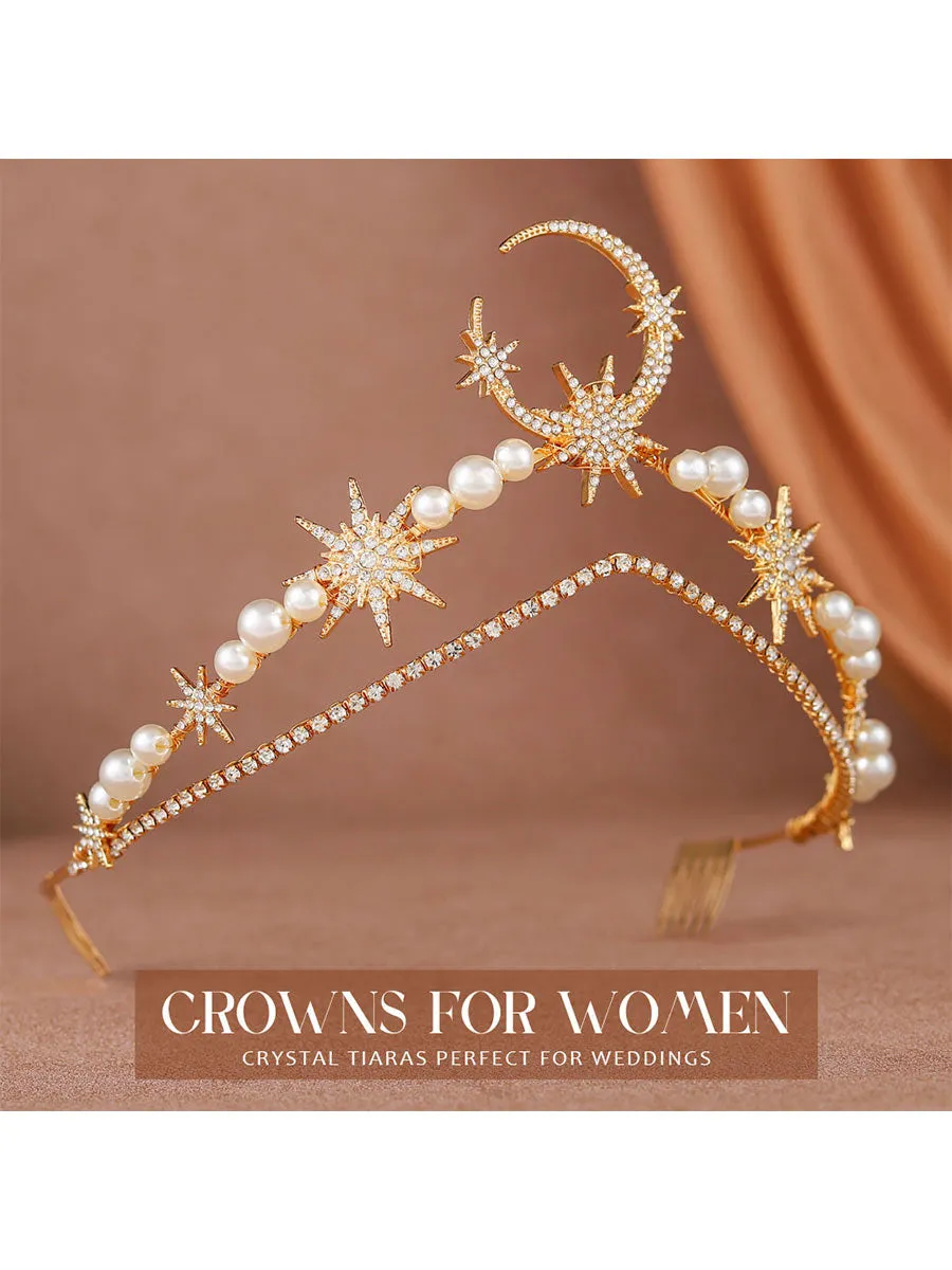 Star Moon Crown Headband Gold Halo Crown Goddess Tiara Headpiece Pearl Boho Wedding Headpiece