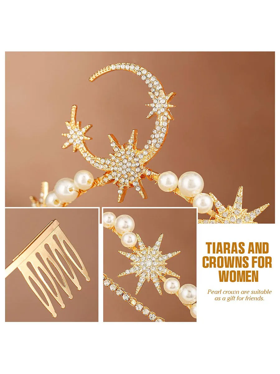 Star Moon Crown Headband Gold Halo Crown Goddess Tiara Headpiece Pearl Boho Wedding Headpiece