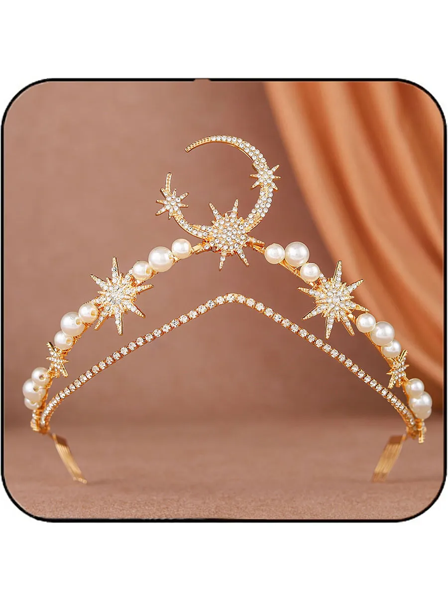 Star Moon Crown Headband Gold Halo Crown Goddess Tiara Headpiece Pearl Boho Wedding Headpiece