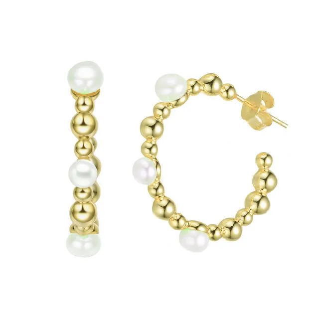 Sterling Silver with Gold Plated and 5MM Fresh Water Pearls Hoop Earrings