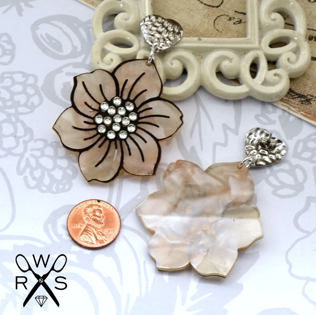 Tan Pearl Peony Dangle - Laser Cut Acrylic Earrings