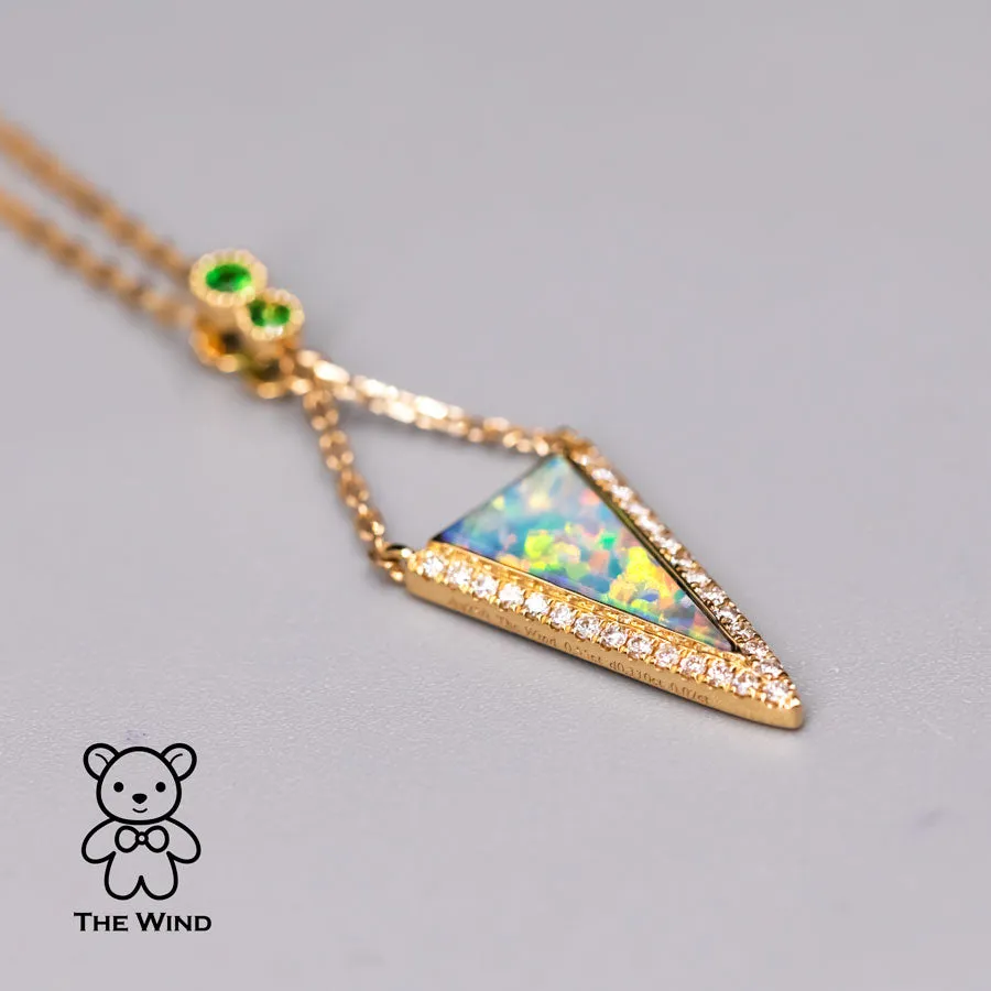 Triangle Australian Solid Opal Diamond Tsavorite Pendant Necklace 18k Yellow Gold