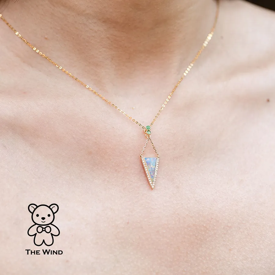 Triangle Australian Solid Opal Diamond Tsavorite Pendant Necklace 18k Yellow Gold