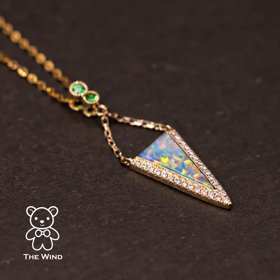 Triangle Australian Solid Opal Diamond Tsavorite Pendant Necklace 18k Yellow Gold