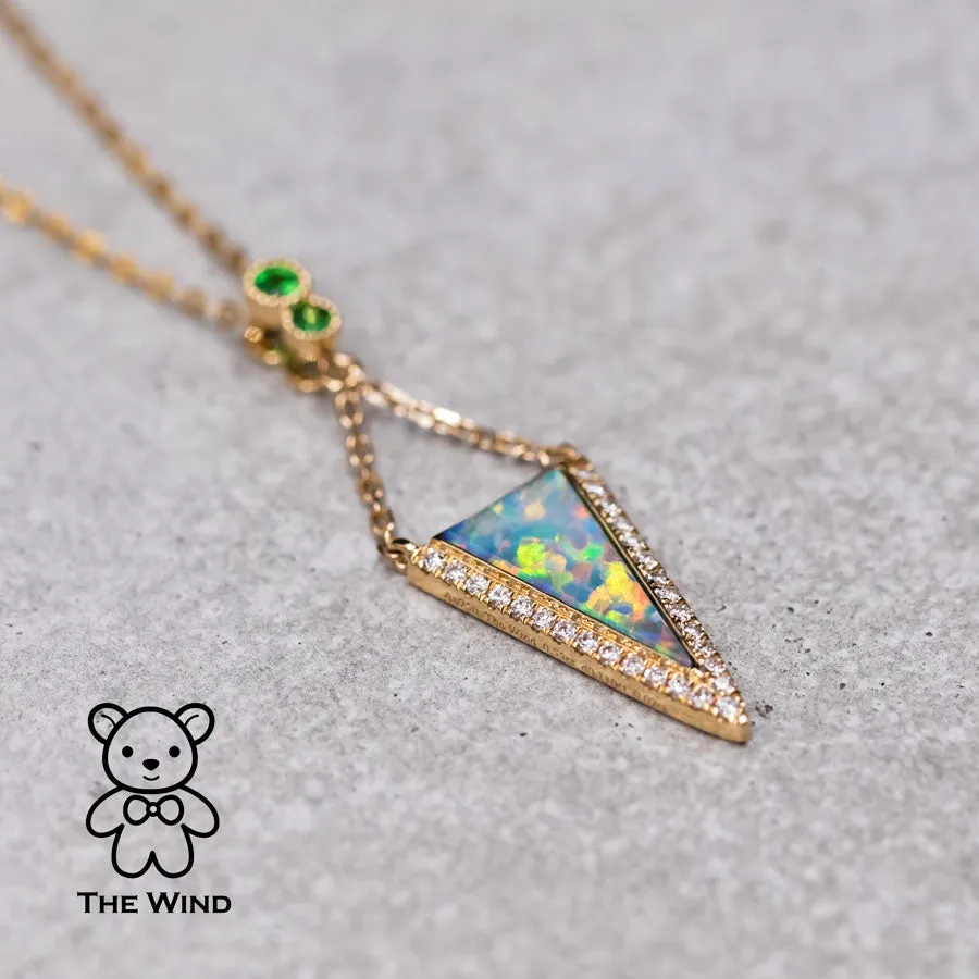 Triangle Australian Solid Opal Diamond Tsavorite Pendant Necklace 18k Yellow Gold