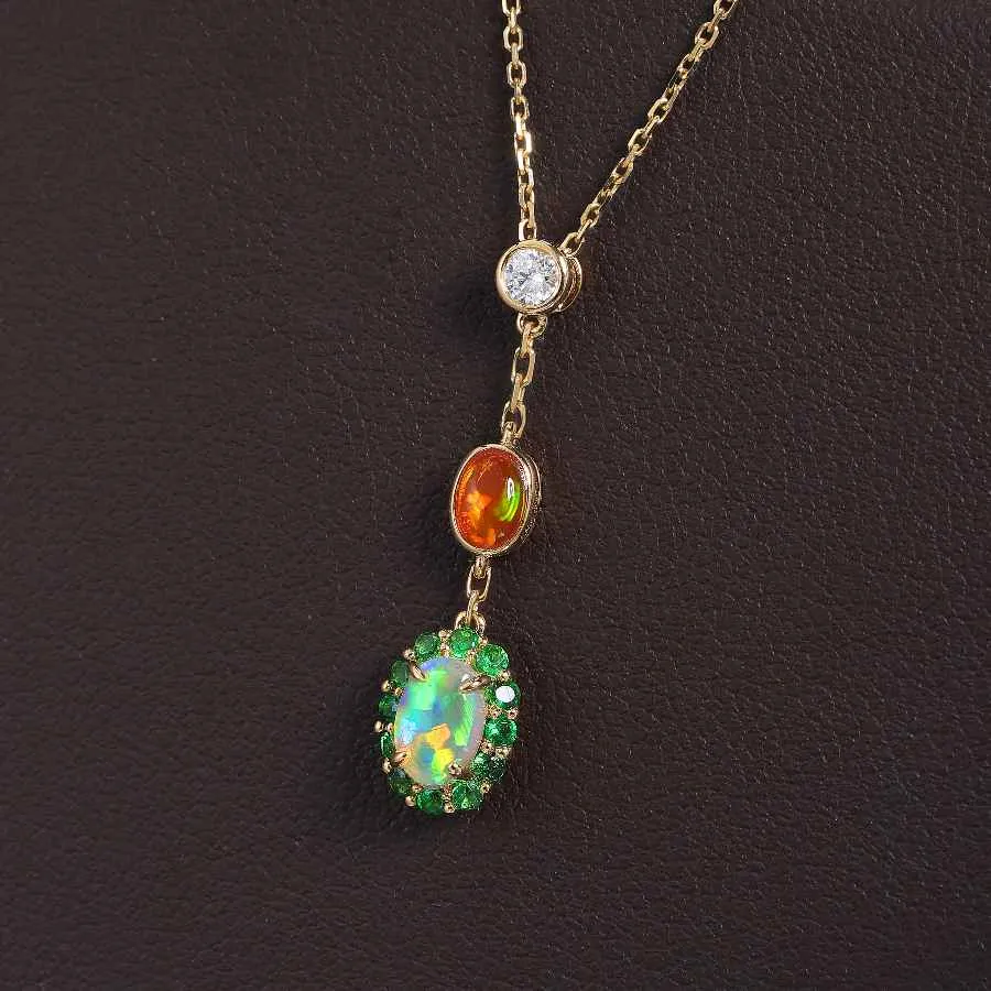 Two Tone Semi Black Opal & Fire Opal Tsavorite Diamond Necklace 18K Yellow Gold