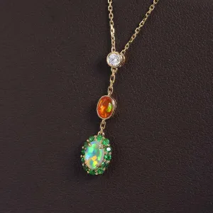 Two Tone Semi Black Opal & Fire Opal Tsavorite Diamond Necklace 18K Yellow Gold