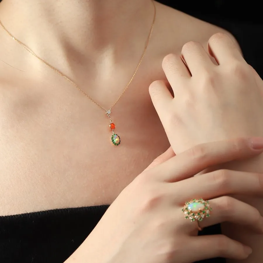 Two Tone Semi Black Opal & Fire Opal Tsavorite Diamond Necklace 18K Yellow Gold