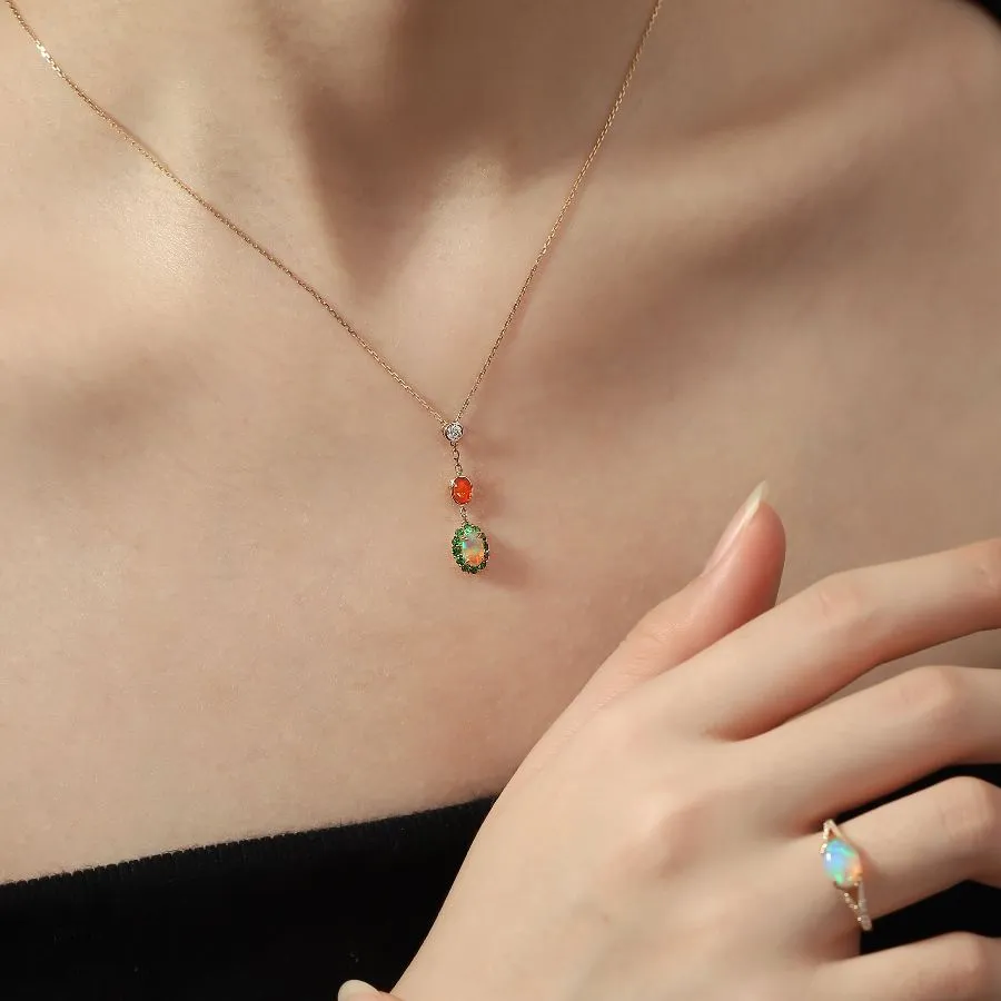 Two Tone Semi Black Opal & Fire Opal Tsavorite Diamond Necklace 18K Yellow Gold