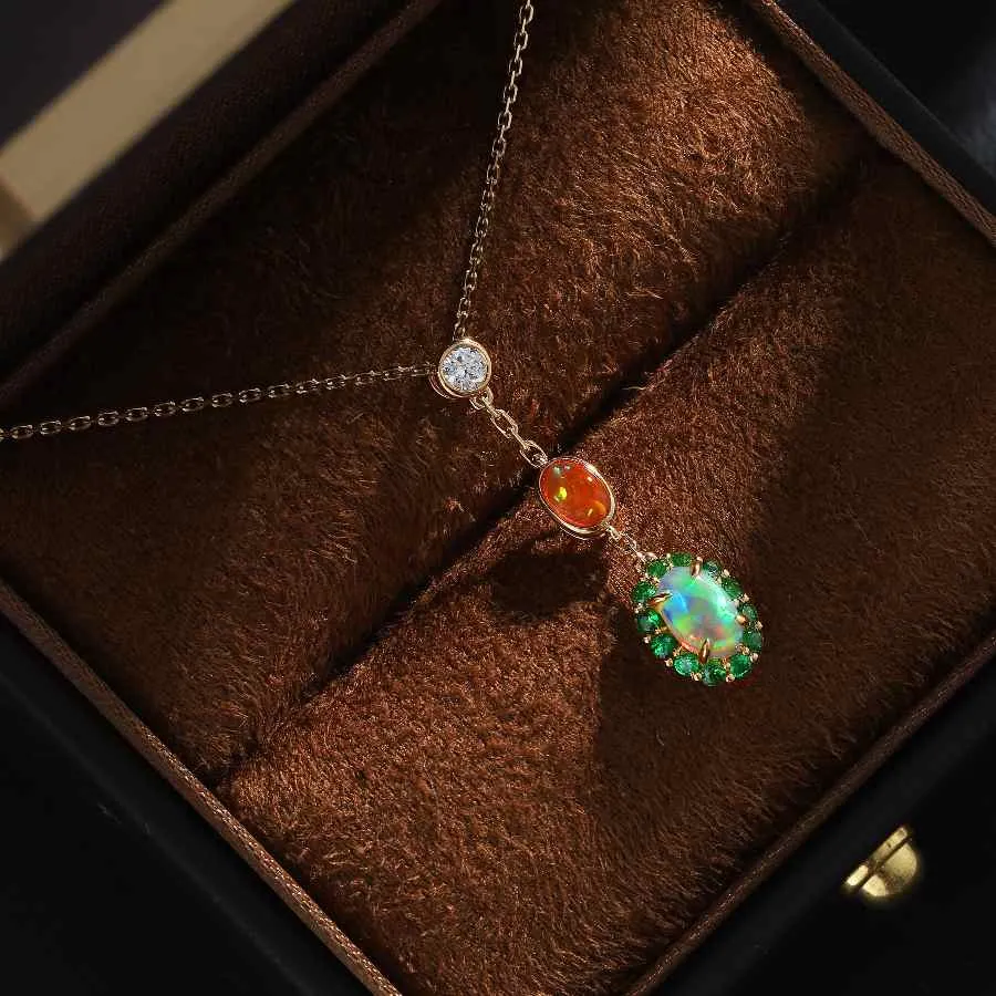 Two Tone Semi Black Opal & Fire Opal Tsavorite Diamond Necklace 18K Yellow Gold