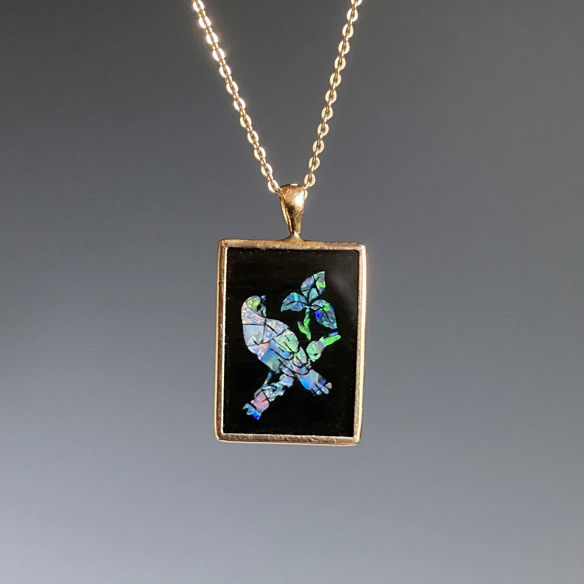 Vintage Bird Onyx Micro Mosaic Pendant in 14K Gold
