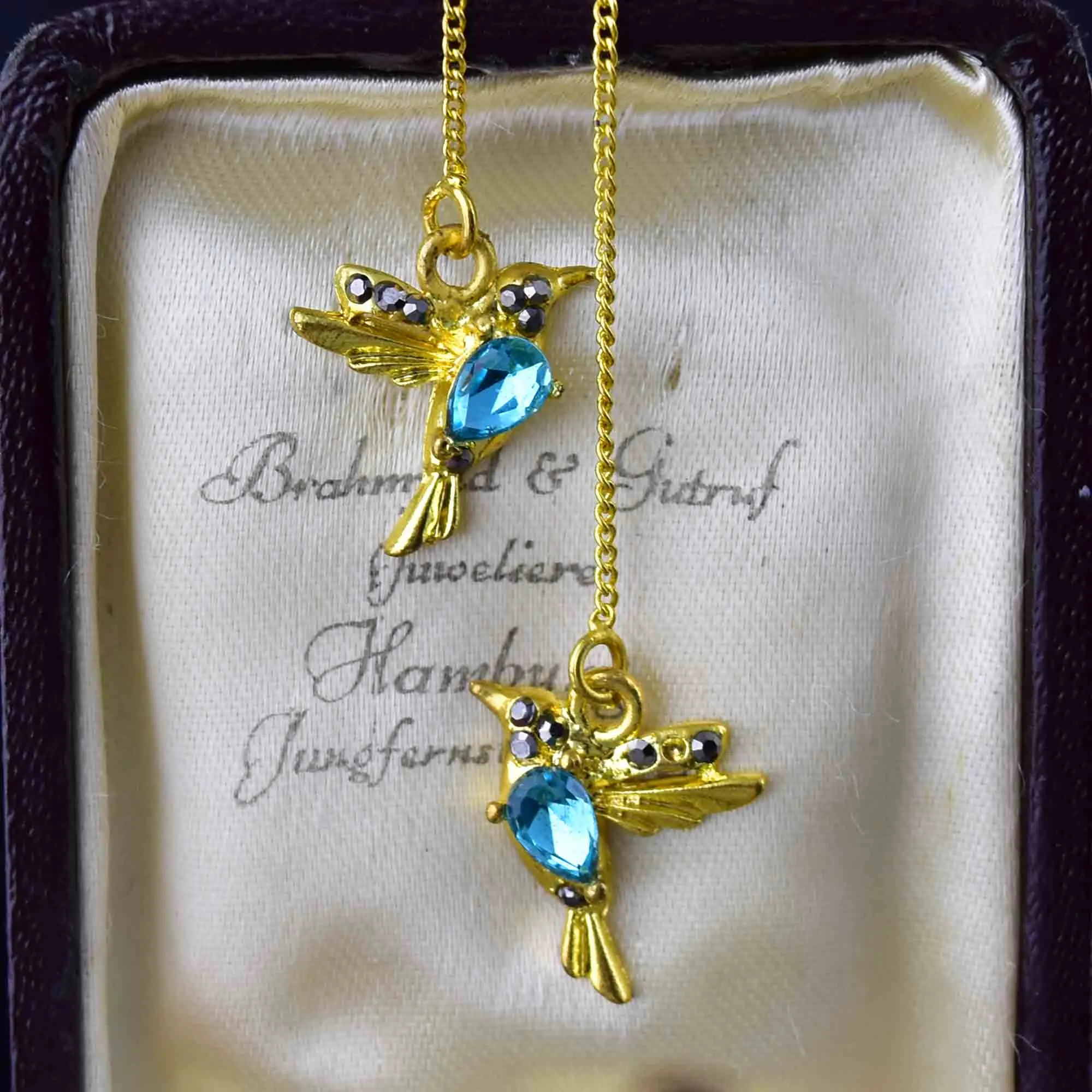 Vintage Blue Quartz Bird Threader Earrings